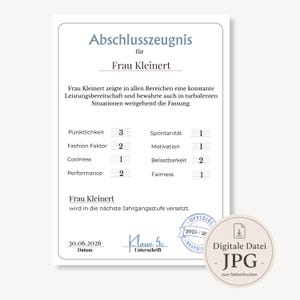 Lustiges Lehrer Zeugnis personalisiert | Abschiedsgeschenk Lehrerin Lehrer | Gymnasium Berufsschule |  Noten & Bemerkung | Datei zum Drucken
