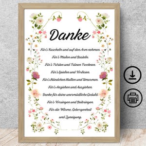 Danke Blumen Rahmen Widmung, Digitaler Download, Poster Karte DIN A12345 Erzieherin, Kinderkrippe Kindergarten Tagesmutter Abschiedsgeschenk