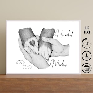 Mains et pattes aquarelles avec nom, téléchargement numérique, affiche, carte, DIN A12345, cadeau amoureux des animaux, propriétaires de chiens, animal décédé