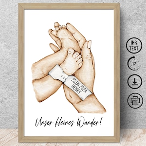 Aquarell Hand Fuß mit Namen, Digitaler Download, Poster, Karte, DIN A12345, Geschenk zur Geburt, Baby, Mutter, Taufe, Familie, Geburtstag