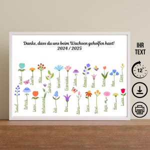 Abschiedsgeschenk für Erzieherin, Blumen mit Namen, Digitaler Download, Poster, Karte, DIN A12345, Geschenk Dankeschön Kindergarten Schule