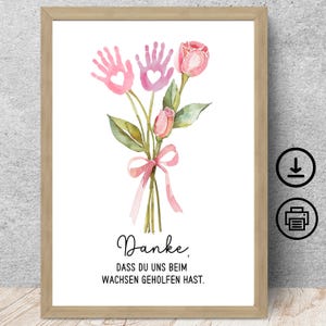 Cadeau d'adieu de remerciement enseignante de maternelle, assistante maternelle, enseignante, fleurs d'empreintes de main avec carte d'affiche de dédicace à télécharger numérique, DIN