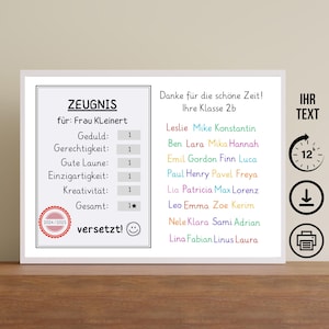 Abschiedsgeschenk für Lehrerin, Zeugnis mit Namen, Digitaler Download, Poster, Karte, DIN A12345, Geschenk Dankeschön Erzieherin Kita Team