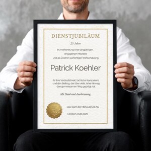 Dienstjubiläum Urkunde personalisiert – Auszeichnung für Mitarbeiter – 10 20 25 30 35 40 Jahre - A4 oder A3 Druck, optional gerahmt