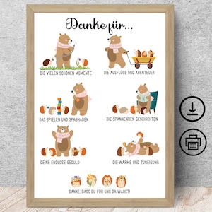 Affiche de remerciement ours & hérisson avec dédicace, téléchargement numérique DIN A 1-5 cadeau pour éducatrice, cadeau d'adieu crèche crèche maternelle
