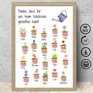 Cadeau d'adieu pour institutrice de maternelle, assistante maternelle, pots de fleurs avec nom, merci, téléchargement numérique, affiche DIN A12345