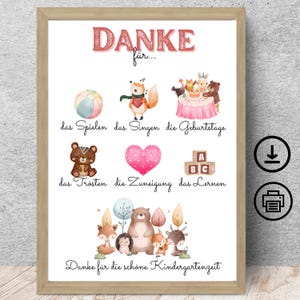 Cadeau d'adieu de remerciement enseignante de maternelle, assistante maternelle, enseignante, animaux bohèmes avec carte d'affiche de dédicace à télécharger numérique, DIN A12345