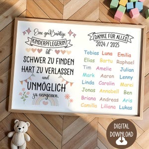 Cadeau pour puéricultrice, remerciement dédicace, téléchargement numérique, carte affiche DINA12345 cadeau d'adieu nom crèche maternelle