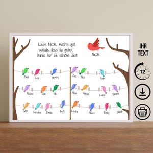 Cadeau d'adieu pour collègues, collègues retraités, éducateurs, enseignants, assistantes maternelles, amis, noms d'oiseaux, téléchargement, carte poster DIN A12345