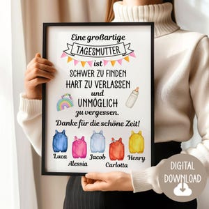 Cadeau pour assistante maternelle, remerciement dédicace, téléchargement numérique, carte poster DINA12345 cadeau d'adieu personnalisé avec le nom de l'enfant