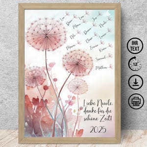 Regalo de despedida para compañeros jubilados, educadores, profesores, familia, acuarela de diente de león con nombre, descarga digital, póster DIN A12345