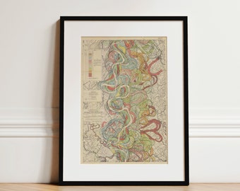 May include: A framed vintage map of the Mississippi River showing the changes in the river's course over time. The map is printed in various shades of blue, green, yellow, and red.