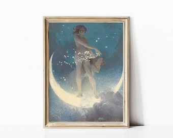 Vintage Woman and Crescent Moon, Print,Art Nouveau, Moon Goddess, Art Deco, Crescent Moon, DIGITAL DOWNLOAD | 143