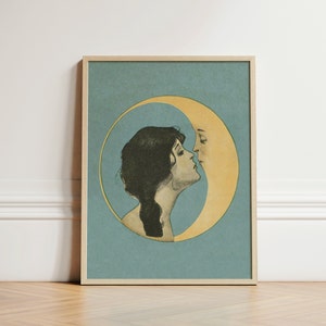 Vintage Woman Kissing Crescent Moon, Print, Dear Old Dixie Moon,Art Nouveau, Art Deco, Crescent Moon, DIGITAL DOWNLOAD | 100