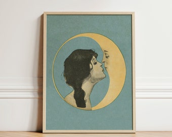 Vintage mujer besando luna creciente, impresión, querido viejo Dixie Moon, Art Nouveau, Art Déco, luna creciente, DESCARGA DIGITAL / 100