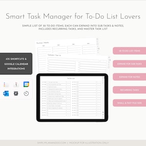 May include: A digital planner interface with the text "Smart Task Manager for To-Do List Lovers." The image shows a tablet displaying a to-do list, with options for subtasks, notes, and recurring tasks. Includes iOS shortcuts and Google Calendar integrations.