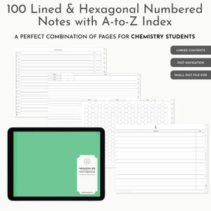 May include: A digital notebook display showing 100 lined and hexagonal numbered notes with an A-to-Z index. The screen features a green cover with the text HEXAGON 100 NOTEBOOK. Additional page layouts include lined sheets, hexagonal grids, and index pages.