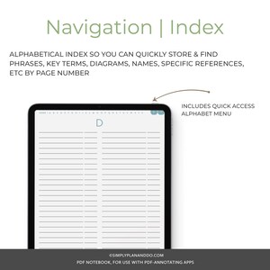 May include: A digital notebook page with a black frame and a white background. The page is labeled with the letter "D" and has lines for writing. The text "INCLUDES QUICK ACCESS ALPHABET MENU" is visible in the upper right corner of the image.