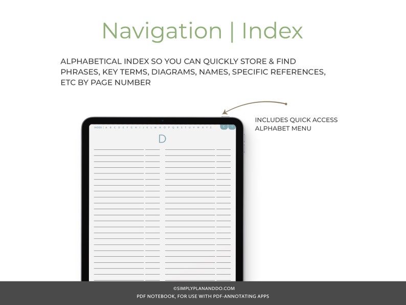 May include: A digital notebook page with a black frame and a white background. The page is labeled with the letter "D" and has lines for writing. The text "INCLUDES QUICK ACCESS ALPHABET MENU" is visible in the upper right corner of the image.