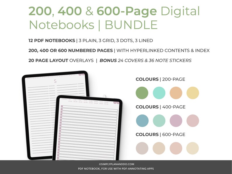 May include: A digital notebook bundle with 12 PDF notebooks, 20 page layout overlays, 24 covers, and 36 note stickers. The notebooks are available in 200, 400, or 600 pages and come in plain, grid, dot, and lined styles. The image shows a preview of the notebooks in different colors.