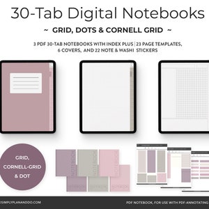Könnte beinhalten: Drei digitale Notizbücher mit jeweils 30 Registerkarten. Die Notizbücher sind im digitalen Format und können mit PDF-Anmerkungs-Apps verwendet werden. Die Notizbücher haben ein Gitter-, Punkt- und Cornell-Gitter-Layout. Die Notizbücher sind rosa und weiß.
