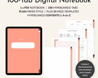 Digitaal notitieboek met 100 tabbladen: gewone pagina's, 34 sjablonen - GoodNotes, Notability (pdf-download)