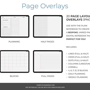 May include: A digital planner overlay pack with 20 different page layouts. The layouts include lines, grids, dots, columns, Cornell notes, and blocks. The overlays are perfect for creating a bespoke digital notebook.