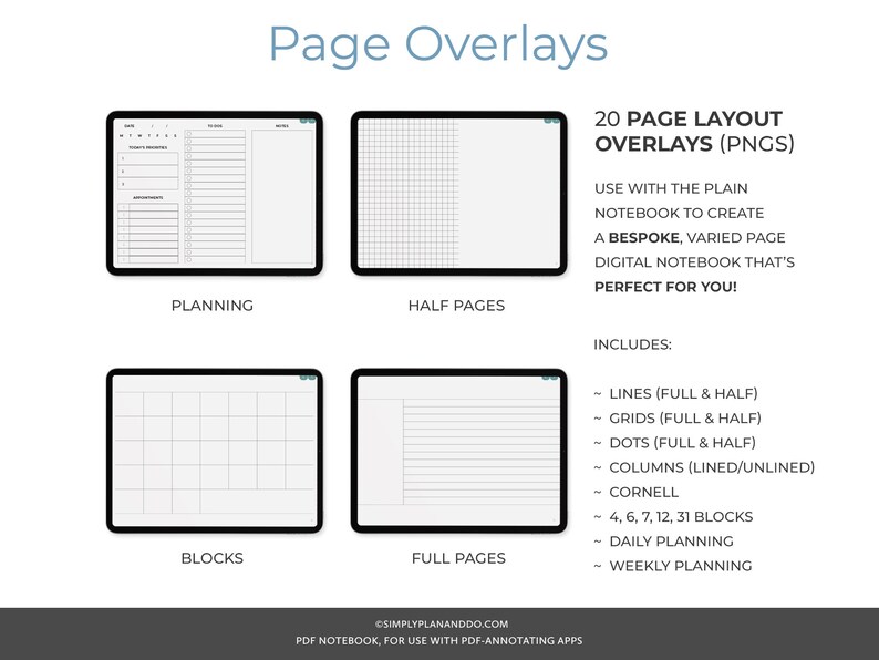 May include: A digital planner overlay pack with 20 different page layouts. The layouts include lines, grids, dots, columns, Cornell notes, and blocks. The overlays are perfect for creating a bespoke digital notebook.