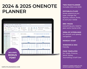 Modèle OneNote d'agenda quotidien 2024 et 2025, pages quotidiennes hebdomadaires et mensuelles, pour iPad, Android, Windows ou Mac