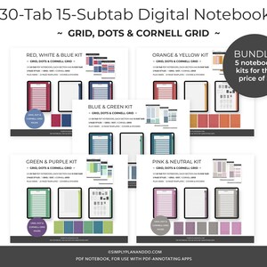 Op de afbeelding: Vijf digitale notitieboekjes voor gebruik met PDF-annotatie-apps. Elke set bevat 30 tabbladen, 15 subtabbladen en pagina's met raster-, stippen- en Cornell-rasterlay-outs. De sets zijn kleurgecodeerd: rood, wit en blauw; blauw en groen; oranje en geel; groen en paars; en roze en neutraal.