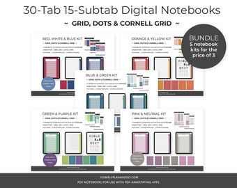 May include: Five digital notebook kits for use with PDF annotating apps. Each kit includes 30 tabs, 15 subtabs, and pages with grid, dots, and Cornell grid layouts. The kits are color-coded: red, white, and blue; blue and green; orange and yellow; green and purple; and pink and neutral.