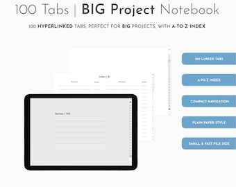 Cuaderno digital de 100 pestañas: horizontal, páginas lisas, índice A-Z (descarga en PDF) GoodNotes, Noteshelf, iPad, tableta