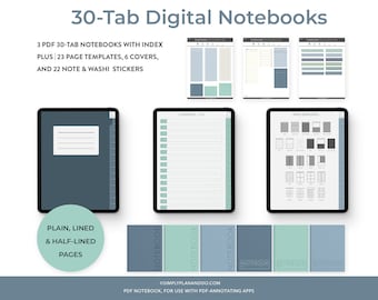 3 x 30-Tab Digital Notebooks | Plain, Lined & Half-Lined Pages | for GoodNotes, Notability, iPad, Journal and Student Notebook