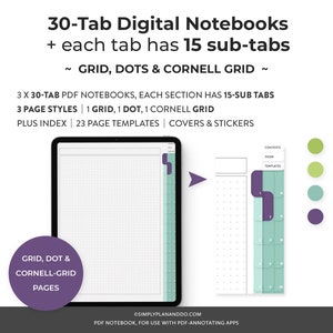Puede incluir: Cuaderno digital con 30 pestañas, cada una con 15 sub-pestañas. Incluye páginas de cuadrícula, puntos y cuadrícula Cornell. La imagen muestra una tableta con una interfaz de cuaderno digital, un menú lateral y un círculo morado con texto.