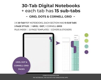 30-Tab Digital Notebooks: Grid, Dot, Cornell (Digital Download)