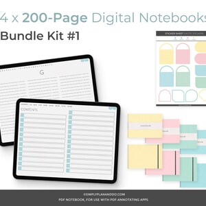 May include: Four digital notebooks, each with 200 pages, in a bundle kit. The notebooks are displayed on a white background with a sticker sheet of various shapes and colors. The notebooks are yellow, pink, green, and blue. The sticker sheet has a title that reads "Sticker Sheet Note Stickers". The notebooks have a title that reads "Contents".