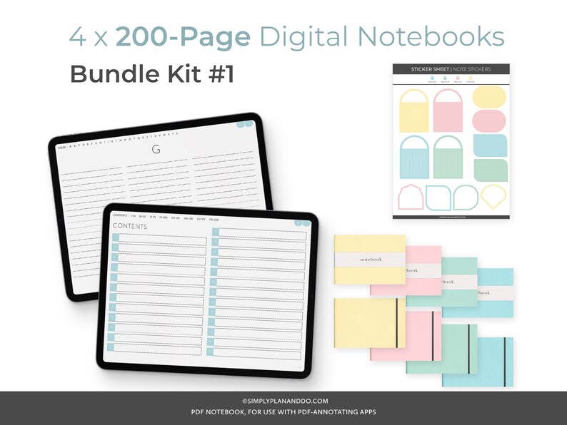 May include: Four digital notebooks, each with 200 pages, in a bundle kit. The notebooks are displayed on a white background with a sticker sheet of various shapes and colors. The notebooks are yellow, pink, green, and blue. The sticker sheet has a title that reads "Sticker Sheet Note Stickers". The notebooks have a title that reads "Contents".