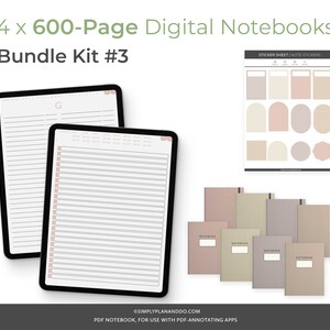 May include: A digital notebook bundle kit with four 600-page notebooks. The notebooks are displayed on a tablet screen and as individual covers. The covers are in various shades of beige, brown, and pink. The kit also includes a sticker sheet with various shapes and designs in beige, brown, and pink.