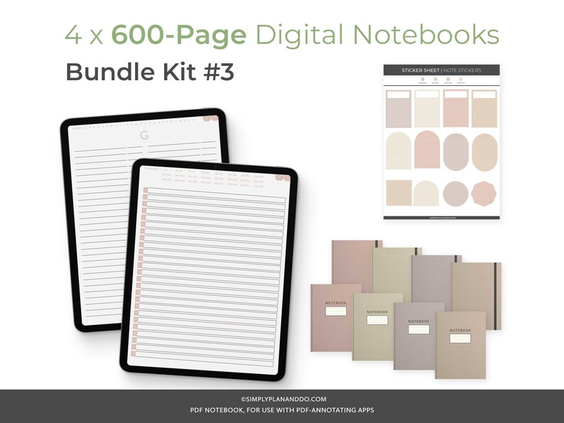 May include: A digital notebook bundle kit with four 600-page notebooks. The notebooks are displayed on a tablet screen and as individual covers. The covers are in various shades of beige, brown, and pink. The kit also includes a sticker sheet with various shapes and designs in beige, brown, and pink.