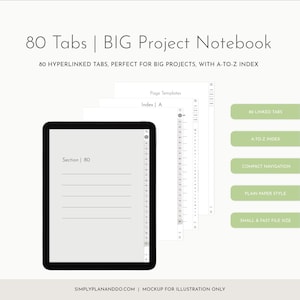 Digital anteckningsbok med 80 flikar: Stående, vanliga sidor, A-till-Ö-register, (PDF-nedladdning) GoodNotes, Noteshelf, iPad, surfplatta