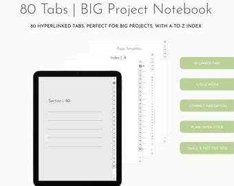 80-Tab Digital Notebook: Portrait, Plain Pages, A-to-Z Index, (PDF Download) GoodNotes, Noteshelf, iPad, Tablet