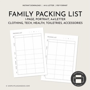 Planificador de viaje imprimible, plantilla de viaje de vacaciones para empacar, perfecto para una familia, un planificador vertical de 1 página en A4 y carta