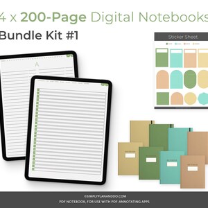 May include: A digital notebook bundle kit with four 200-page notebooks, a sticker sheet with various shapes and colors, and a tablet displaying a sample notebook page. The notebooks are brown, green, and blue with the word "notebook" printed on the front.