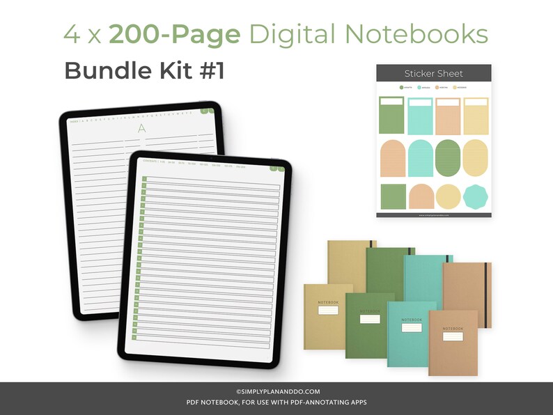 May include: A digital notebook bundle kit with four 200-page notebooks, a sticker sheet with various shapes and colors, and a tablet displaying a sample notebook page. The notebooks are brown, green, and blue with the word "notebook" printed on the front.