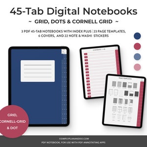 May include: Three digital notebooks with 45 tabs each. The notebooks are in PDF format and include 23 page templates, 6 covers, and 22 note and washi stickers. The notebooks feature grid, dot, and Cornell grid layouts. The text "CONTENTS 1-15" is visible on one of the notebooks. The text "PAGE TEMPLATES" is visible on another notebook.