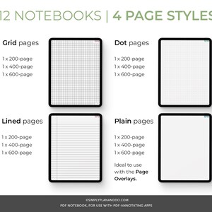 May include: A digital illustration of 12 notebooks with 4 different page styles: grid, dot, lined, and plain. Each page style has 3 different page sizes: 200, 400, and 600 pages. The text "Ideal to use with the Page Overlays." is included in the image.