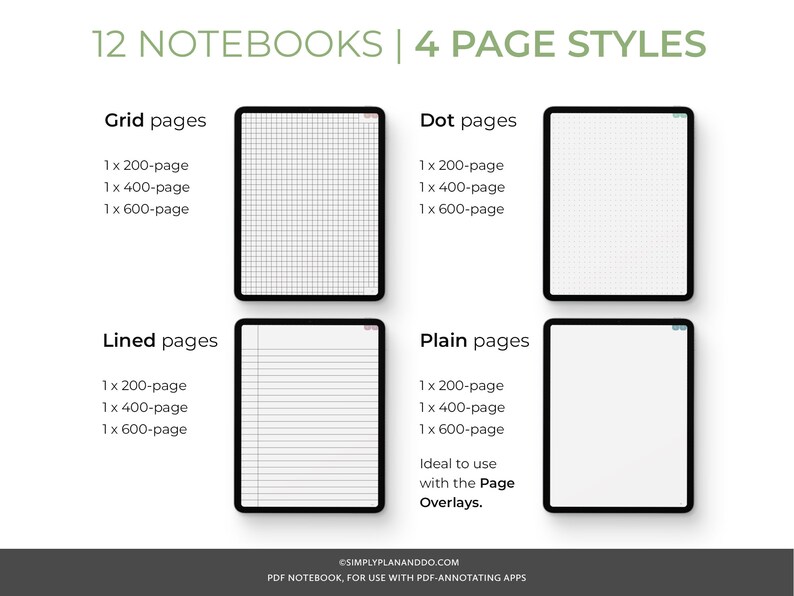May include: A digital illustration of 12 notebooks with 4 different page styles: grid, dot, lined, and plain. Each page style has 3 different page sizes: 200, 400, and 600 pages. The text "Ideal to use with the Page Overlays." is included in the image.