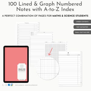 May include: A digital notebook display showing 100 Lined & Graph Numbered Notes with A-to-Z Index. The screen features a pink cover labeled GRAPH 100 NOTEBOOK, alongside sample pages with lined, graph, and indexed layouts for organized note-taking.