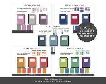 May include: A digital download of five printable notebook kits in different color combinations: pink and neutral, red, white and blue, orange and gold, blue and green, and green and purple. Each kit includes 148-page notebooks with index, page templates, covers, and note and task stickers. The text "BUNDLE 5 bestselling notebook kits for price of 3" is displayed in a circle.
