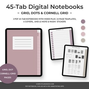 Könnte beinhalten: Drei digitale Notizbücher mit jeweils 45 Registerkarten. Die Notizbücher haben einen rosa Einband und beinhalten Raster-, Punkt- und Cornell-Raster-Seitenvorlagen. Das Bild zeigt auch eine Seite mit einem Inhaltsverzeichnis und eine Seite mit einer Vielzahl von Seitenvorlagen.